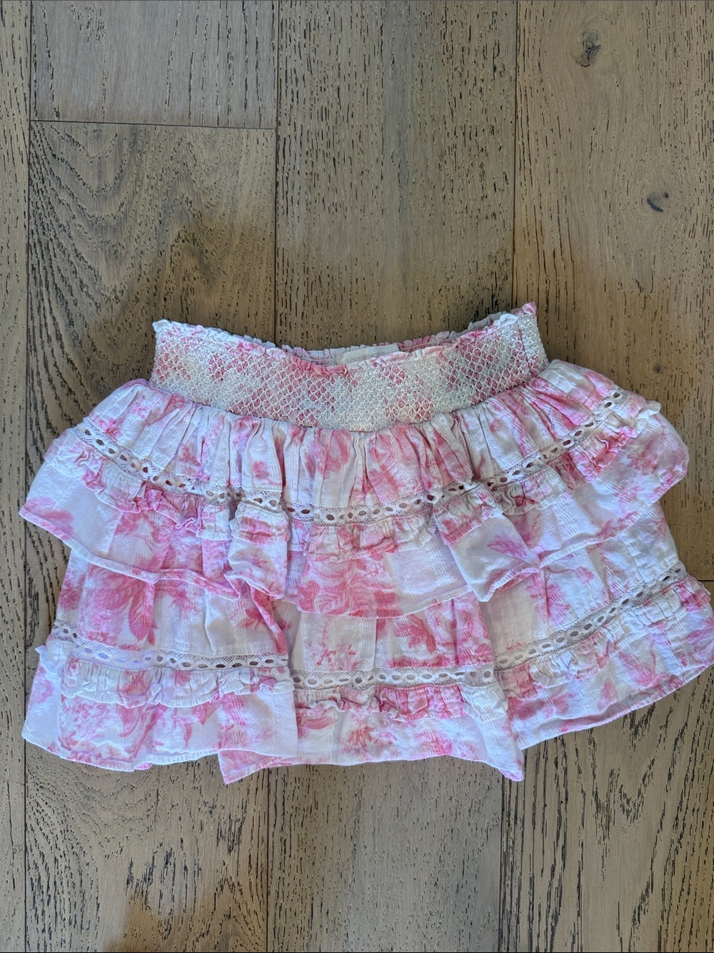 LoveShackFancy Pink and White Ruffled Floral Girls Skirt